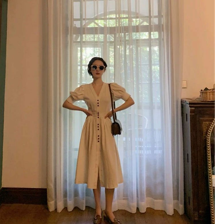 ワンピース夏半袖シンプル韓国風ファッションレディースAラインきれいめお出かけミモレ丈ロングワンピ上品体型カバー大人ビーチレジャーリゾートパーティー結婚式L-903 hokutostore-10132695 hokutostore サンプル画像3