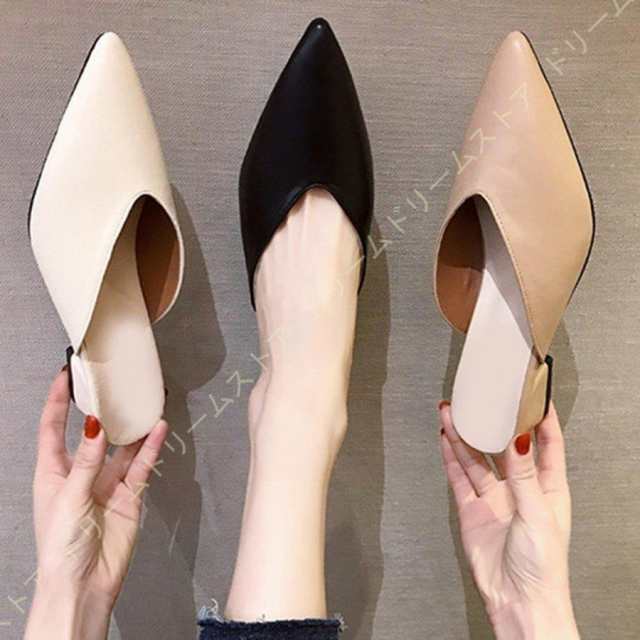 かかとなし チャンキーヒール 前ふさがり サンダル ローファー つま先あり 歩きやすい 黒 ミュール ローヒール レディース ポインテッドトゥ