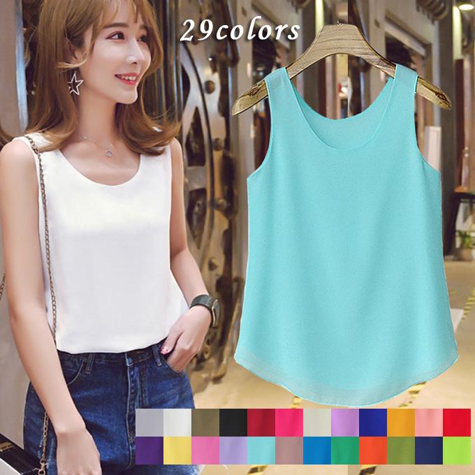 インナー ブラウス 二重 春夏 ノースリーブ タンクトップ 着痩せ 新作 キャミソール シフォン トップス ラウンド襟 無地 レディース