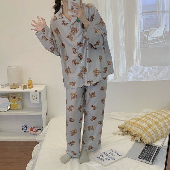 Vネック 春 大きいサイズ ベージュ 2XL ブルー 快適 女の子 レディース セットアップ アニマル柄 クマ..