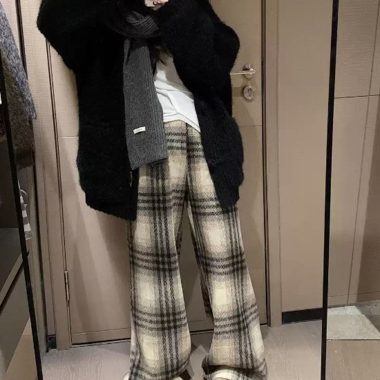 大人可愛い ハイウエスト ポケット付き 30代 ルーズパンツ ストレート レディースファッション ボトムス 20代 タータンチェックパンツ カジュアル お洒落 体型カバー 秋冬 ワイドレッグパンツ