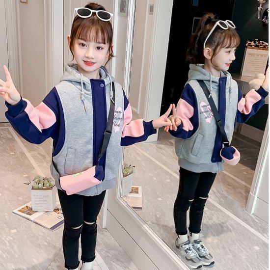 ジュニア 160cm ブルー ポーチ付き ブルゾン 子供 ゆったり ジップパーカー 女の子 グレー 秋冬 パーカー おしゃれ 厚手 アウター キッズ キッズ服 春 ジッパー付き 暖かい キッズアウター フード付き あったか かわいい フロントジッパー 子供服 ガールズ ハート柄