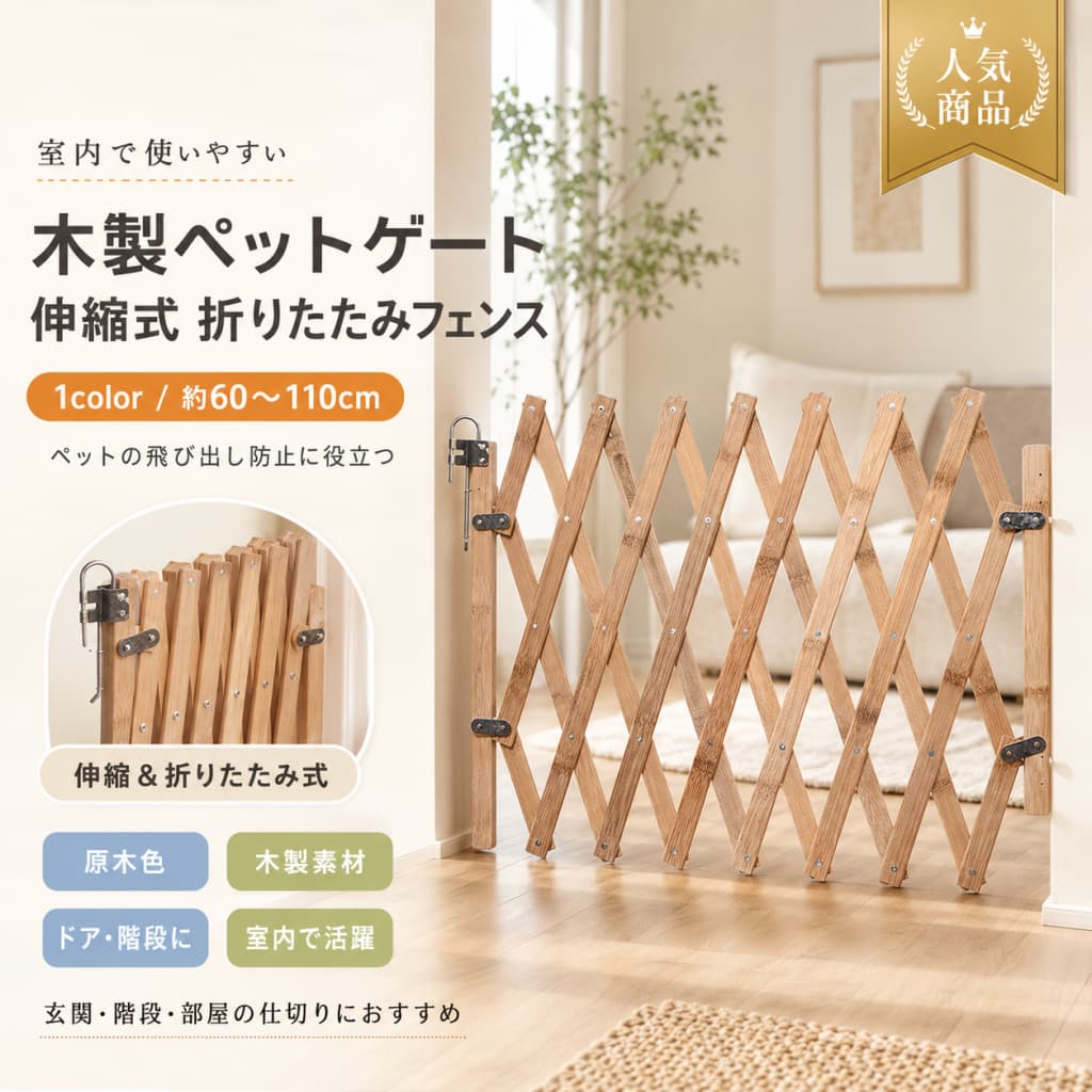 関連キーワード 木製ペットゲート ペットゲート ペットフェンス ベビーゲート 犬用フェンス 木製 ペットゲート 木製 ペットフェンス 木製 ベビーゲート ペットゲート 木製 ペットフェンス 木製 ベビーゲート 木製 犬用 フェンス 猫用 フェンス 犬 ペットゲート 猫 ペットゲート 犬 ペットフェンス 猫 ペットフェンス 犬用 ペットゲート 猫用 ペットゲート 犬用 ペットフェンス 猫用 ペットフェンス 脱走防止 ペットゲート 脱走防止 ペットフェンス 猫 脱走防止 犬 脱走防止 飛び出し防止 ペットゲート 飛び出し防止 ペットフェンス 犬 飛び出し防止 猫 飛び出し防止 伸縮式 ペットゲート 伸縮式 ペットフェンス 伸縮式 ベビーゲート ペットゲート 伸縮式 ペットフェンス 伸縮式 ベビーゲート 伸縮式 60cm ペットゲート 110cm ペットゲート 60cm ペットフェンス 110cm ペットフェンス ペットゲート 60cm ペットゲート 110cm ドア付き ペットゲート ドア付き ペットフェンス ドア付き ベビーゲート ペットゲート ドア付き ペットフェンス ドア付き ベビーゲート ドア付き 原木色 ペットゲート 原木色 ペットフェンス 原木色 ベビーゲート ペットゲート 原木色 ペットフェンス 原木色 間仕切り ペットゲート 間仕切り ペットフェンス 間仕切り ベビーゲート 庭 フェンス 庭 ペットフェンス 庭 ペットゲート 階段 ペットゲート 階段 ペットフェンス 階段 ベビーゲート ドア ペットゲート ドア ペットフェンス 壁 ペットゲート 壁 ペットフェンス 寝室 ペットゲート 寝室 ペットフェンス 食堂 ペットゲート 食堂 ペットフェンス 玄関 ペットゲート 玄関 ペットフェンス 玄関 ベビーゲート ペット 間仕切り 犬 間仕切り 猫 間仕切り 赤ちゃん ベビーゲート 赤ちゃん ゲート 赤ちゃん フェンス ペット 犬 猫 ゲート 犬 猫 ペットフェンス 省スペース ペットゲート 省スペース ペットフェンス 省スペース ベビーゲート 中国製 ペットゲート 中国製 ペットフェンス 中国製 ベビーゲート 室内 ペットゲート 室内 ペットフェンス 屋内 ペットゲート 屋内 ペットフェンス 室内用 ペットゲート 室内用 ペットフェンス 屋内用 ペットゲート 屋内用 ペットフェンス 犬用ゲート 猫用ゲート 犬用フェンス 伸縮式 猫用フェンス 伸縮式 犬用フェンス ドア付き 猫用フェンス ドア付き ペット用 ゲート ペット用 フェンス ペット用 間仕切り 木製 犬用フェンス 木製 猫用フェンス 木製 犬用ゲート 木製 猫用ゲート ペットゲート 脱走防止 ペットフェンス 脱走防止 ペットゲート 飛び出し防止 ペットフェンス 飛び出し防止 ベビーゲート 玄関 ベビーゲート 階段 ベビーゲート ドア ベビーゲート 間仕切り ペットゲート 省スペース ペットフェンス 省スペース【製品概要】 ペットや赤ちゃんの行動範囲を区切るために使いやすい、木製の伸縮式ペットゲートです。 長さは約60〜110cmまで伸縮でき、ドア、壁、階段、寝室、食堂、屋外など、さまざまな場所に合わせて設置しやすい仕様です。 原木色のナチュラルな見た目で、室内インテリアにもなじみやすいフェンスです。 【商品特長】 ・伸縮式デザイン：使用場所に合わせて約60〜110cmまで長さを調整できます。 ・木製フェンス：原木色の自然な風合いで、お部屋の雰囲気に合わせやすいデザインです。 ・ペット用ドア付き：囲いとして使いながら、必要に応じて出入りしやすい設計です。 ・取り付けしやすい仕様：片側はネジ固定、もう片側はアクセスしやすいバックル設計です。 ・使わない時は縮小可能：使用しない時はコンパクトに縮められるため、省スペースで扱いやすいです。 ・幅広い場所に対応：ドア、壁、階段、寝室、食堂、庭など、さまざまな場所でお使いいただけます。 ・犬・猫・赤ちゃんに：ペットの脱走防止や、赤ちゃんの移動範囲を区切りたい時にも便利です。 【主な仕様】 ・商品名：木製ペットゲート / ペットフェンス / ベビーゲート ・タイプ：伸縮式、ドア付き、フェンスタイプ ・長さ：約60〜110cm ・カラー：原木色 ・素材：木製 ・設置仕様：片側ネジ固定、片側バックル設計 ・用途：ペットの脱走防止、間仕切り、階段前、ドア前、寝室、食堂、庭など ・対象：犬、猫、ペット、赤ちゃん ・原産国：中国 【カラーバリエーション】 ・原木色 【おすすめシーン】 ・犬や猫の脱走防止に ・玄関やドア前の飛び出し防止に ・階段前の間仕切りとして ・寝室や食堂のスペース分けに ・庭や屋外スペースでのペット用フェンスに ・赤ちゃんの移動範囲を区切りたい時に ・ナチュラルな木製ゲートをお探しの方に 【注意事項】 ・簡易包装でのお届けとなります。あらかじめご了承ください。 ・手動測定のため、1〜3cm程度の誤差が生じる場合がございます。 ・モニター環境や撮影時の光の影響により、実際の色味が写真と若干異なる場合がございます。 ・仕様やデザインは改良のため、予告なく変更となる場合がございます。 ・設置場所や壁面の状態により、固定力が異なる場合がございます。ご使用前に安定しているかご確認ください。 ・ペットや赤ちゃんの大きさ、性格、動き方によっては乗り越えたり、動かしたりする場合がございます。必ず様子を見ながらご使用ください。 ・本商品は行動範囲を区切るための補助用品です。完全な脱走防止や事故防止を保証するものではありません。 【関連キーワード】 木製ペットゲート ペットゲート ペットフェンス ベビーゲート 犬用フェンス 猫 脱走防止 飛び出し防止 伸縮式 60cm 110cm ドア付き 原木色 間仕切り 庭 フェンス 階段 ドア 壁 寝室 食堂 玄関 ペット 犬 赤ちゃん 省スペース 中国製