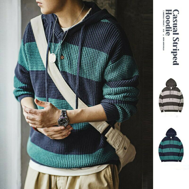Casual Striped Hoodie 秋冬 フード付き ボーダー柄トレーナー