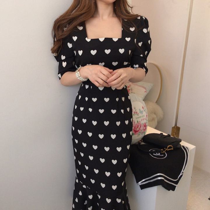 Other - ハート柄 マーメイドワンピース パフスリーブ マーメイドワンピース 半袖 ワンピース ドレス かわいい お呼ばれ パーティー オルチャン 韓国4238