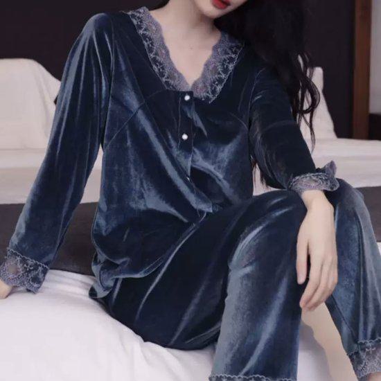 ブルー ベロア M〜XL ポケット 2点セット レディース パンツ 秋 可愛い 光沢 長袖 部屋着 大きいサイズ 冬 薄手 レース ルームウェア 前開き ピンク シャツ ゆったり ホワイト セクシー ホームウェア ズボン リラックス 寝間着 上下 パジャマ ウエストゴム おしゃれ