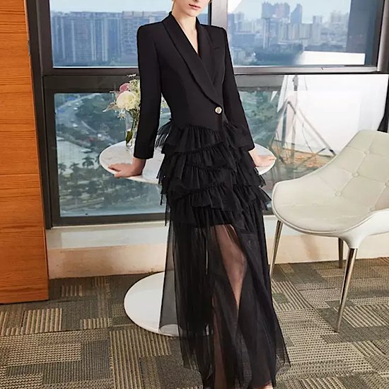 スーツ風 Vネック ロング丈 結婚式ドレス レディース 結婚式 エレガント カラードレス ステージ衣装 ウエディングドレス イブニングドレス 発表会 演奏会 ティアードスカート 長袖 シースルー