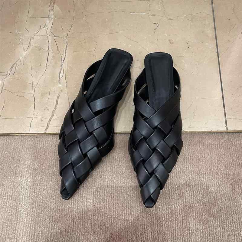 ヨーロッパ寸法 ポインテッドトゥ 黒 シューズ カジュアル 革 サンダル 編組 シンプル かかとなし 春夏 ミュール フラット レディース