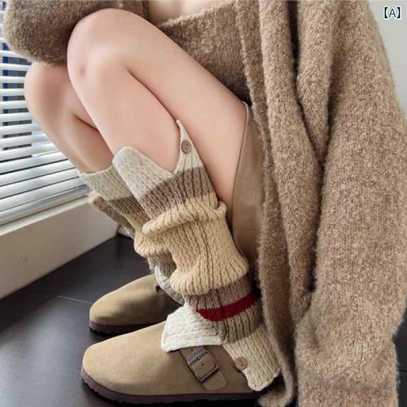 靴下 再生繊維 ソックス&レッグウォーマー 6歳 ベージュ系 レディース 秋冬 あったか ミドル丈 ボーダー柄 5歳 厚手 4歳