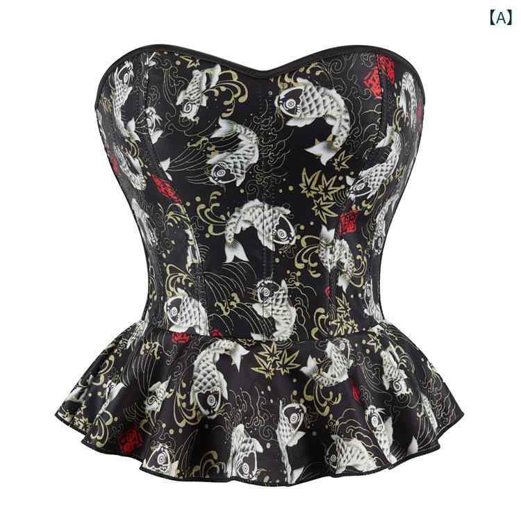 ビスチェ ペプラム サテン ウエストシェイプ 魚柄 鱗模様 レディース エレガント ブラック コルセット ..
