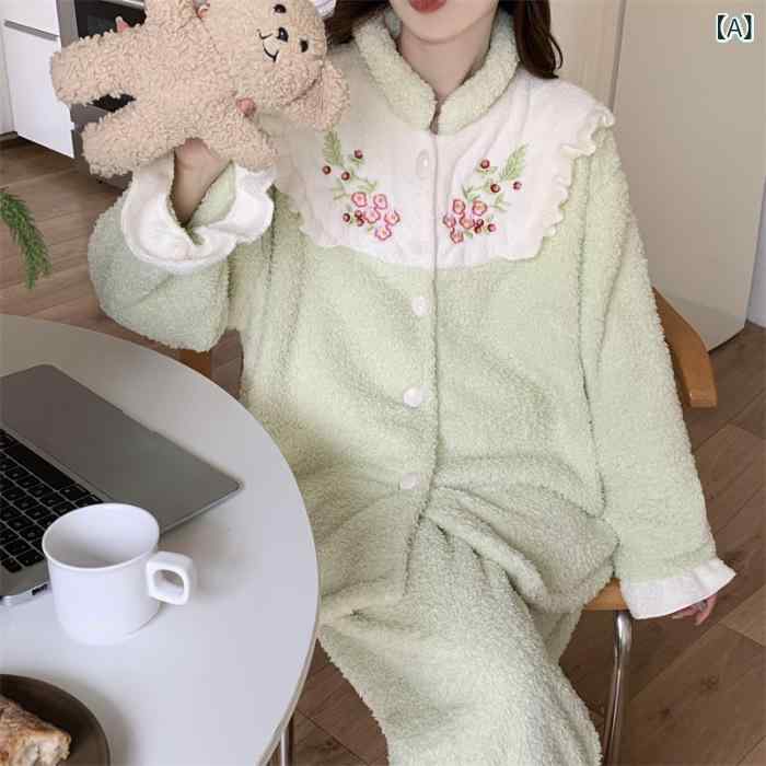 サンゴフリース 長袖 秋冬 部屋着 ワンマイルウェア 宮廷風 かわいい 厚手 ルームウェア レディース パジャマ 裏起毛 長ズボン 上下セット 暖かい