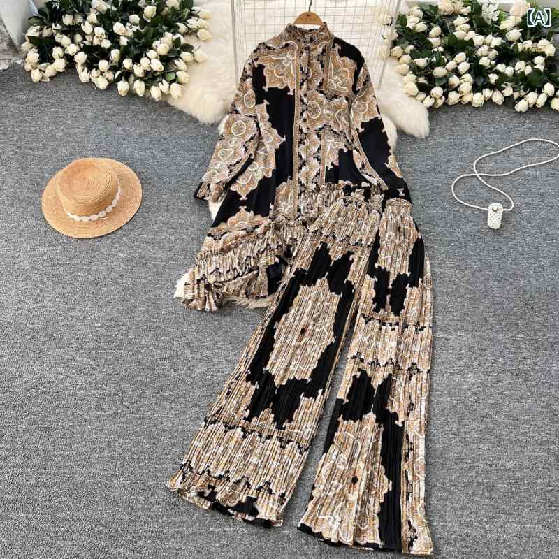 ゆったり ハイウエスト レディース アシンメトリー ボトムス ワイドパンツ 秋冬 カジュアルセット ブラウス プリント柄 プリーツ 通勤 欧米風 きれいめ 大人カジュアル 長袖シャツ オフィス