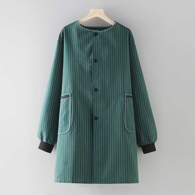 保育士 家事 お母さん ストライプ チュニック おしゃれ 給食 保育士 介護士 前開きリブ付きかっぽう ロング丈 かっぽう着 前開きタイプ リブ袖 保育所 幼稚園 体型カバー ルームウェア エプロン スモック 割ぽう着 学校 割烹着
