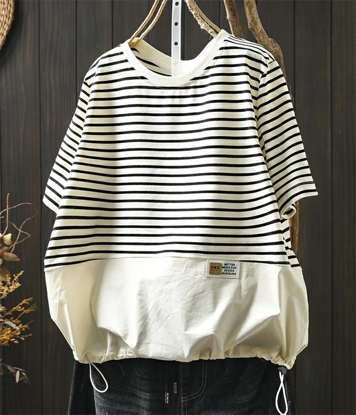 樂天商城 - カットソー Tシャツ カジュアル 半袖tシャツ tシャツ ゆったり レディース シンプル 半袖 夏 おしゃれ トップス 裾ゴム キレイめ 大人可愛い 大きいサイズ Tシャツ デザイン 綿混 配色 シンプル プルオーバー ボーダー