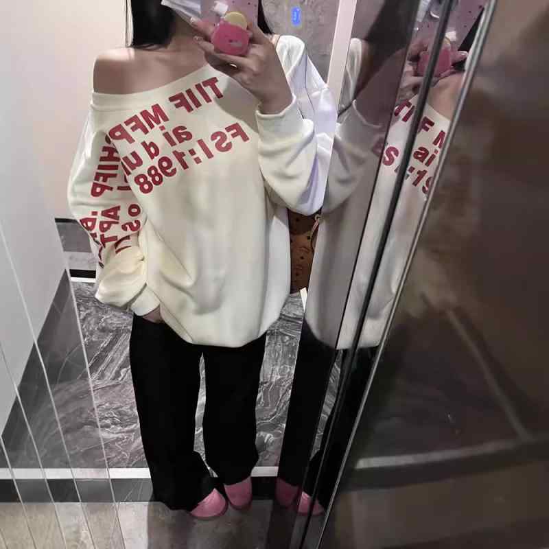 樂天商城 - 灰色 斜めネック レトロ 美式 ゆったり スウェット 杏色 プルオーバー レディース 普段使い 春秋冬 ドロップショルダー トップス 長袖 部屋着