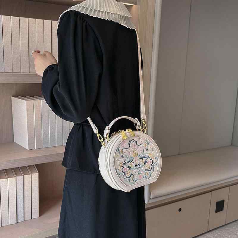 樂天商城 - 手 円形 丸型 個性的デザイン 高級感 刺繍 ステッチ 流行 レトロチャイナ風 デイリーユース PUレザー ファスナー開閉 内ポケット