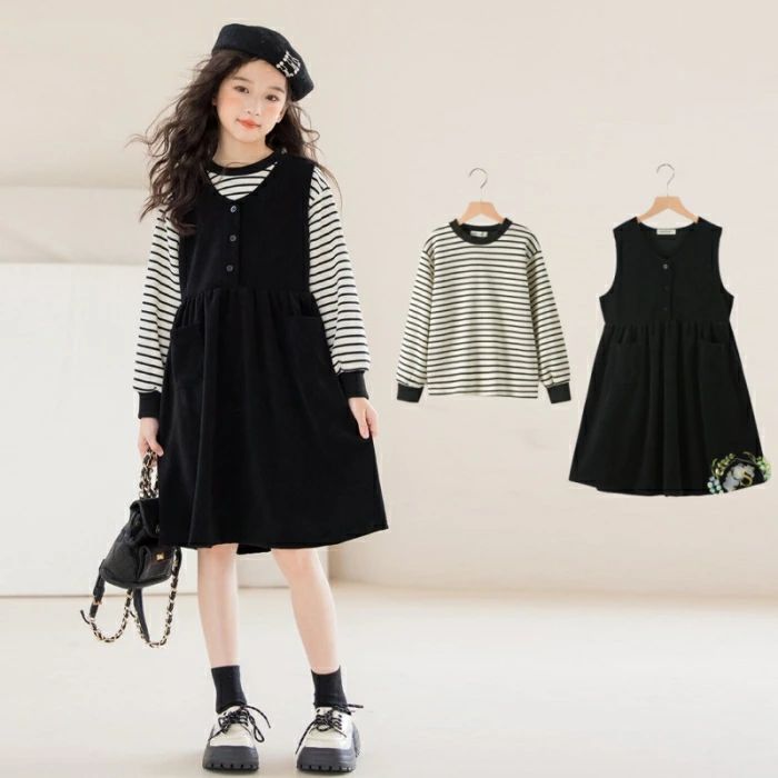 150cm 130cm 子供服 170cm 小学生 ワンピース おしゃれ 子供服 ワンピース 通学 高校生 重ね着 秋 ワンピース キッズ 120cm 140cm きれいめ 冬 韓国子供服 160cm 通園 黒 2点セット カジュアル ナチュラル 結婚式 中学生 幼稚園 女の子 長袖