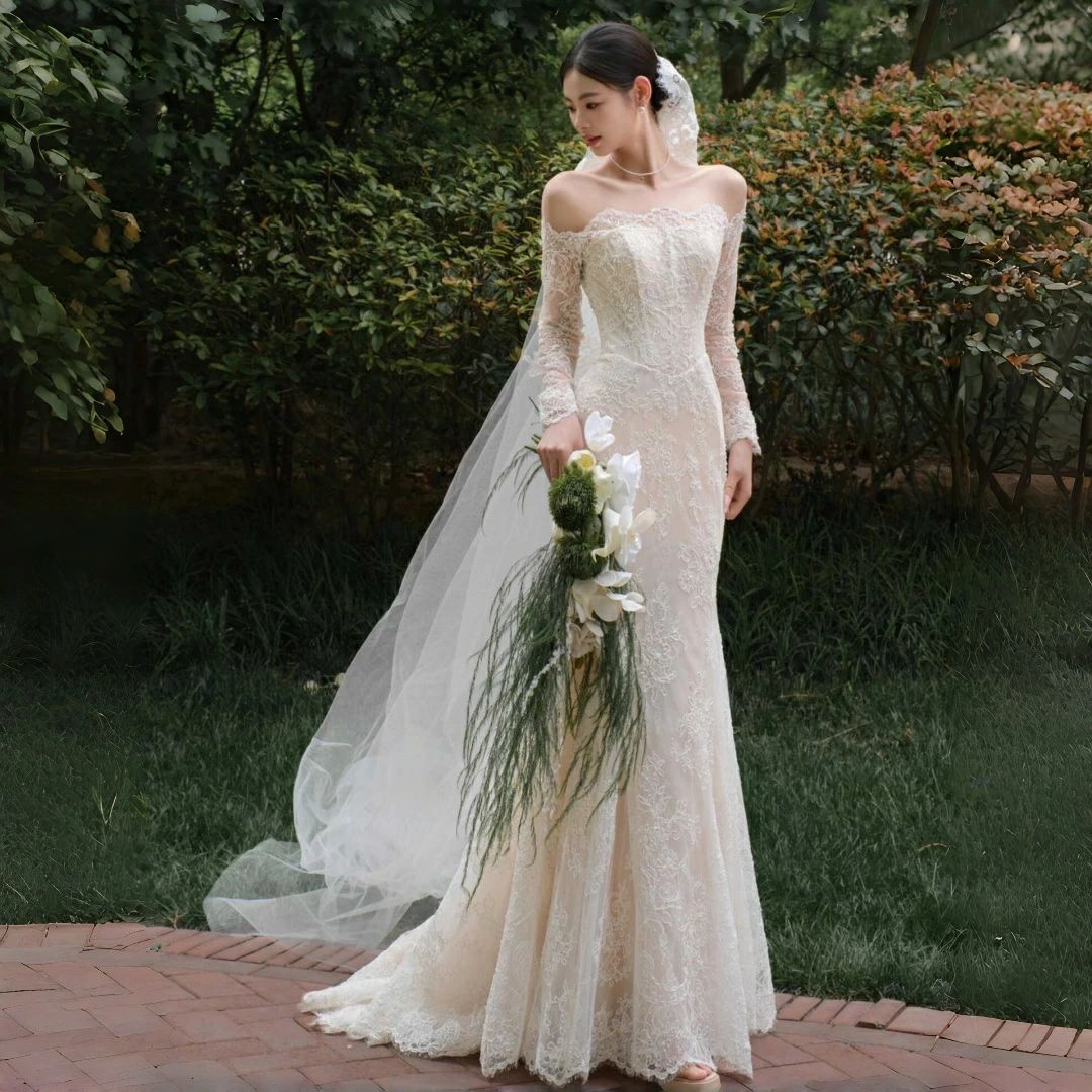 花嫁 結婚式 前撮り L ウエディングドレス XS 二次会ドレス オフショルダー ガーデンウエディング ロングドレス wedding 結婚式 マーメイドラインドレス dress ブライダル S 海外挙式 後撮り XXL 披露宴 M 白 パーティードレス