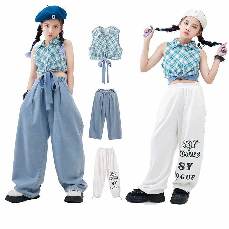 Top & Bottom Sets - 子供服 ヒップホップ 二点セットそでなし 無袖 チェック柄 デニムパンツ サルエル ゆったり へそ出し HIPHOP ガールズ ジャッズ 女の子 ストリート 派手 原宿系 ダンスウェア 体操服 jazz 練習着 団体服 ジャズダンス ステージ衣装 110-180cm