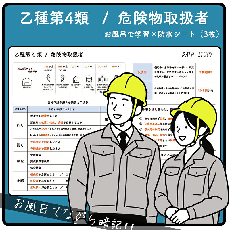 商品説明 お風呂で学習 × 防水シート 「お風呂で学習 防水シート」は、 水に濡れても大丈夫な防水仕様なので、 お風呂の時間に、覚えにくい箇所の暗記など、効率よく学習できるシートです。 一度水に濡らしてから、壁につけるとピタッと張り付きます。 枚数 3枚 サイズ A4サイズ ( 297 x 210mm ) 仕様 防水 内容 乙種第4類　危険物取扱者　-　 お風呂で学習　防水シート　3枚（裏表6ページ）　 乙種第4類　危険物取扱者に合格するために最低限必要な暗記パート ・危険物の性質 ・製造所からの保安距離 ・危険物の貯蔵方法 ・保安講習の受講期間 ・製造所、貯蔵所、取扱所 ・予防規定と定期点検 などなど 覚えにくい暗記部分が選別されており、お風呂でこれらを覚えてしまえば、 試験合格がグッと近づきます。これだけ勉強すれば合格できるという教材ではなく、 他の参考書などと併用して試験合格を目指してください。 「乙4を受験するけれど、まとまった勉強時間が取れない」「スキマ時間を資格勉強に使いたい」「参考書で勉強した内容を毎日復習したい」という方におすすめです。 お風呂を、毎日の乙4学習スペースに。 参考書や問題集での学習にプラスして、試験まで繰り返し目にするための危険物取扱者乙4・試験対策学習シートとしてご活用ください。 お風呂の時間でライバルに差をつけ、 効率よく、ながらで暗記して受験を乗り切りましょう！！ 注意大量生産していないこともあり、色ムラ、印刷のズレが多少出てしまうことがあります、お風呂場での使用などには問題ございませんので、その点ご了承いただければと思います。 日本史の主な年号 日本史の主な文学、史書 世界史の主な年号 英単語 漢文単語 漢文 : 句形,句法 122個 古文単語 古文の動詞、形容詞、形容動詞、助動詞の活用表 元素記号、イオン式、化学反応式 etc 英検4級　英単語 英検4級　英熟語 英検3級　英単語 英検3級　英熟語 英検準2級　英単語 英検準2級　英熟語 英検2級　英単語 英検2級　英熟語 英検準1級　英単語 英検準1級　英熟語 英検1級　英単語 英会話フレーズお風呂で学習 × 防水シート 乙種第4類　危険物取扱者に合格するために最低限必要な暗記パート