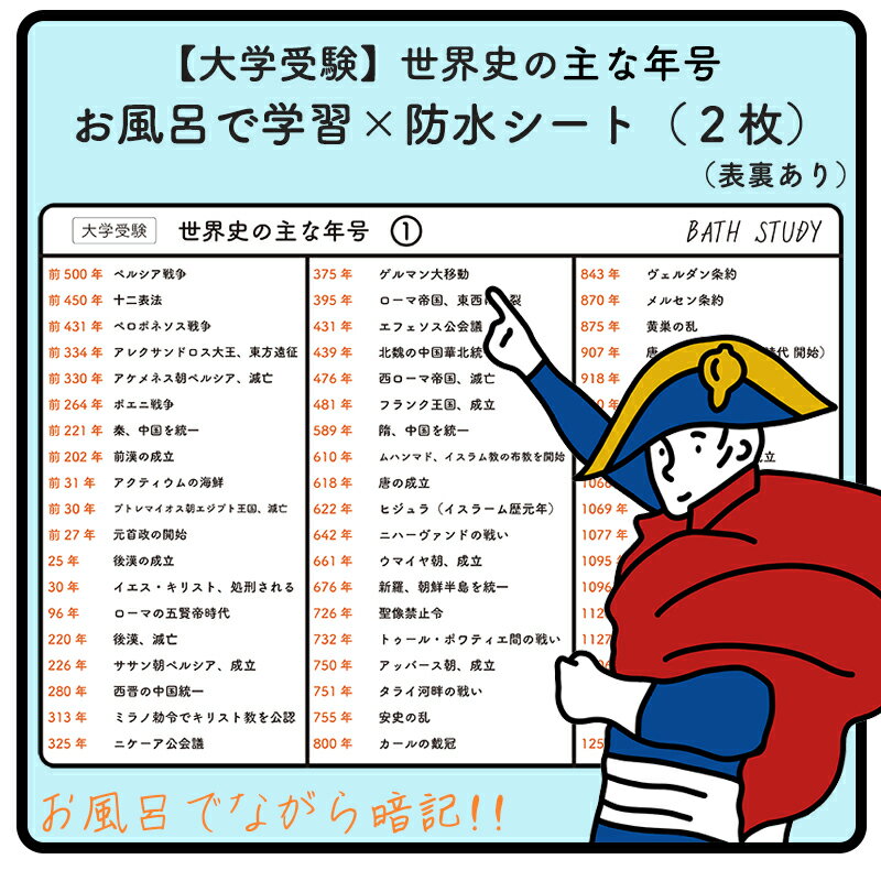 【 世界史 ( 大学受験 ) 】 お風呂で学習 x 防水シート : 大学受験に出る世界史の主な年号まとめ。シンプルなデザインなので、どんな浴室にもマッチします。ながら勉強グッズ、すきま時間、効率よく合格を目指す入浴学習アイテム