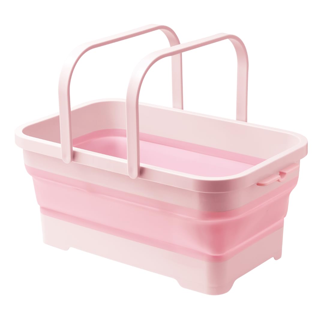 イセトウ(Isetou) 折りたたみバスケット ソフトバスケット ピンク 15L 幅46.3×奥行29.0×高さ6.8~19.6cm 日本製 水抜き栓付き 折りたたみ 防災 ランドリー ペットバス 清掃 カー用品 マルチバスケット I-581