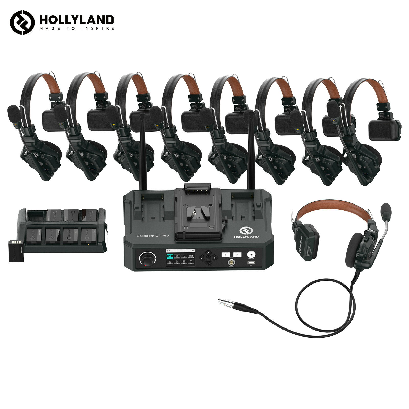 Hollyland Solidcom C1 Pro-HUB8S ワイヤレスインカム 9台セット ノイズキャンセリング・PTT・ミュート機能付き 全二重 通話範囲350m 親機x1子機x8 子機増設可能 小型軽量ヘッドセット 設定不要 箱から出してすぐに使える同時通話インカム