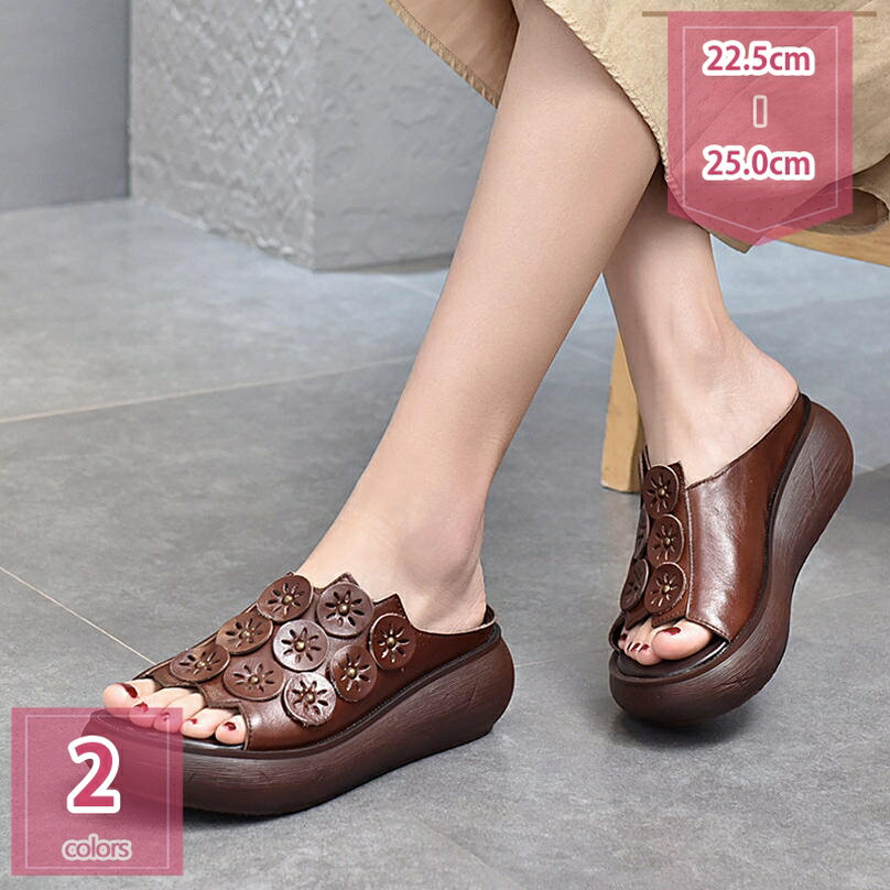 1000円OFFクーポン 本革 サンダル レディース フラワーモチーフ お花柄 厚底 5.5cm ウ ...