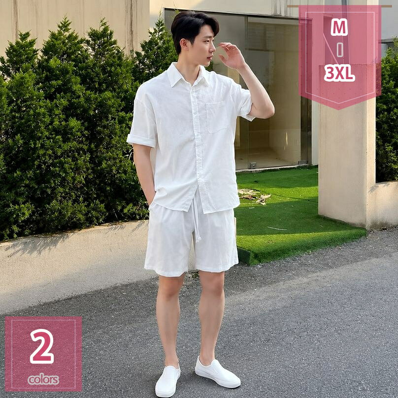 セットアップ メンズ 綿麻 2点セット 半袖シャツ リネン 軽い チノパンツ ボトムス...