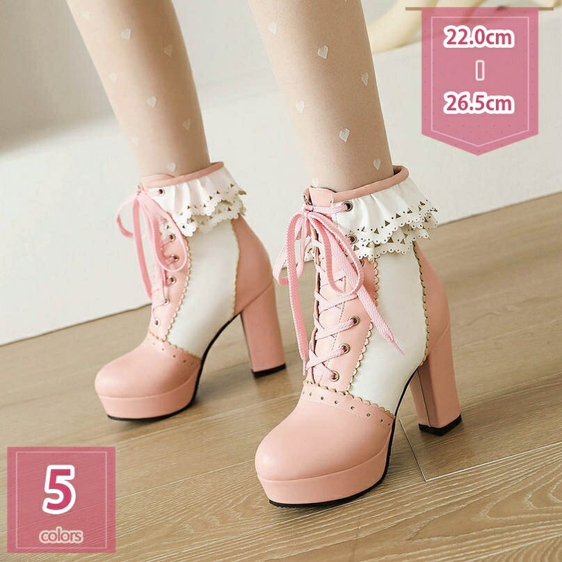 1000円OFFクーポン レースアップ ショートブーツ ロリータ靴 ロリータシューズ コスプレ レディースシューズ 厚底 大きいサイズ かわいい 蝶結び 女の子 姫系 ハイヒール 春秋冬 フリル ストーム 靴 編み上げ 疲れにくい 防滑 歩きやすい 春秋冬 holosbird-goods1