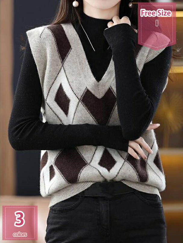 500円OFFクーポン レディース ニット トップス Vネック アーガイル柄 大人 リブ オーバーサイズ 体型カバー 着痩せ シンプル オシャレ カジュアル 通...