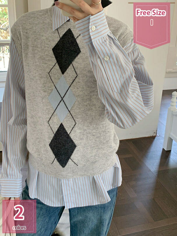 1000円OFFクーポン セーターベスト ニット レディース リブ 秋 冬 春 ベスト 無地 丸ネック ノースリーブ アーガイル柄 女子 重ね着 セーター ゆっ...