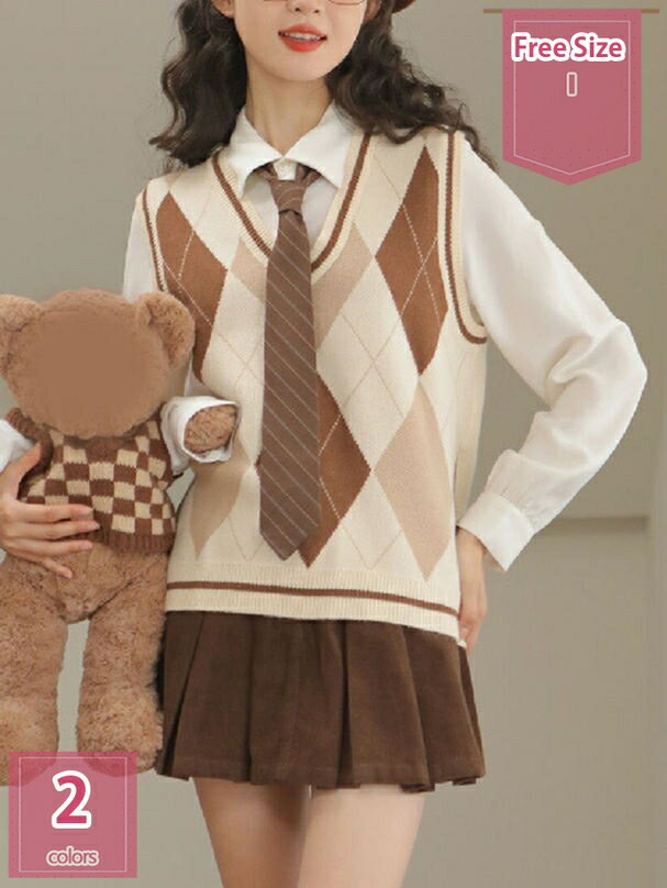 500円OFFクーポン チェック柄 ベスト レディース ニット 袖なし セーター トップス vネック 丸首 重ね着風 チョッキ ノースリーブ おしゃれ 通勤 春...