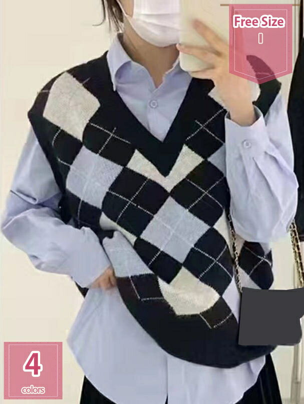 ニットベスト レディース セーター チュニック 秋冬春 Vネック アーガイル柄 トップス ノースリーブ 重ね着 おしゃれ 大きいサイズ ゆったり ジレ オフィス...