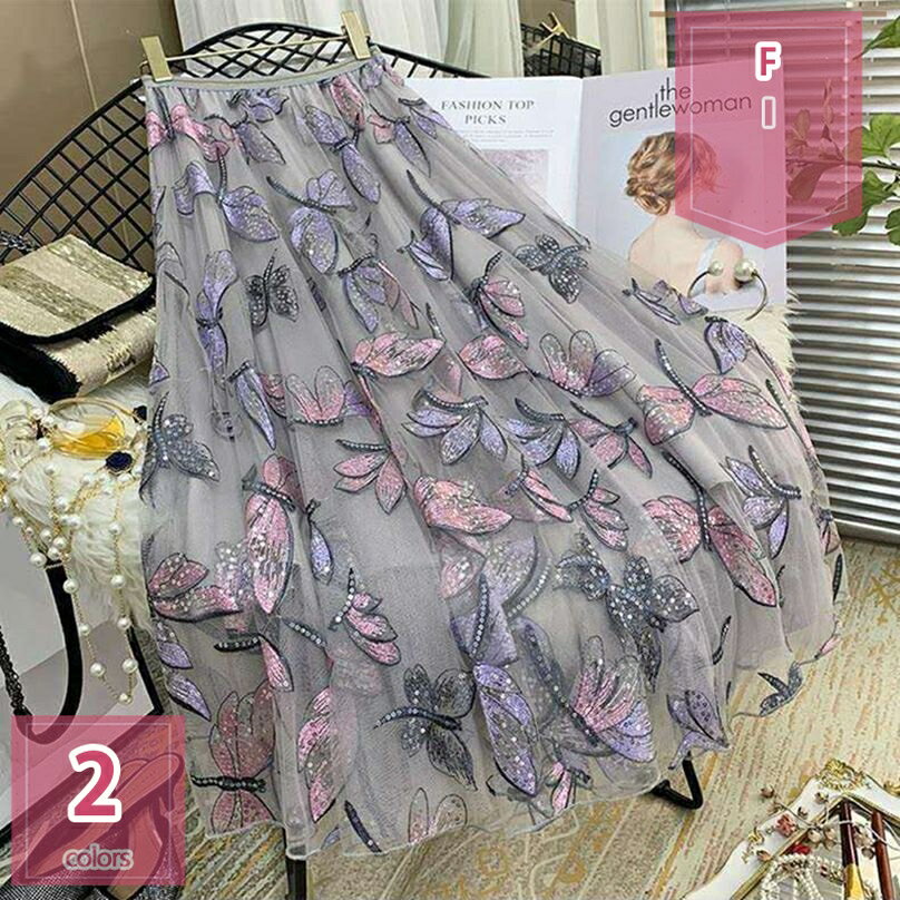 500円OFFクーポン チュールスカート キラキラ 蝶 スカート ボリューム ふんわり 抜け感 長さ レディース チュール スカート ロング丈 ミモレ丈 きれいめ おしゃれ ミモレスカート シンプル コーデ 通勤 二次会 デート スカート HT9FC holosbird-goods1(4)