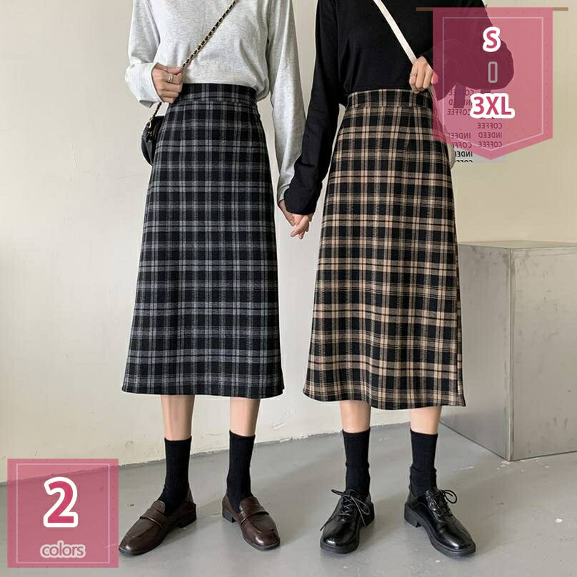 タイトスカート ロングスカート タータンチェック スカート チェック柄 ミモレ丈 スカート レディース スリット入り ウェストゴム ハイウェスト Aライン 着痩せ 体型カバー 通勤 通学 カジュアル 秋冬 大きいサイズ スリット入りスカート holosbird-goods1