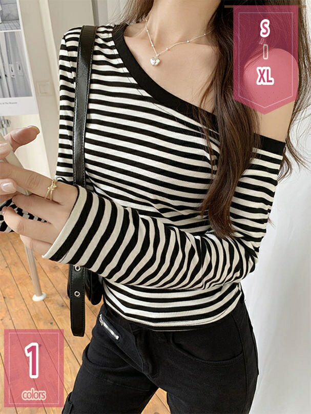 500円OFFクーポン オフショルダー 長袖 tシャツ レディース カットソー スリム プルオーバー 肩出し トップス おしゃれ ワンショルダー 大きいサイズ ティーシャツ スポーツ ギャル服 伸縮性 ボーダー ストレッチ セクシー ギャル holosbird-goods1