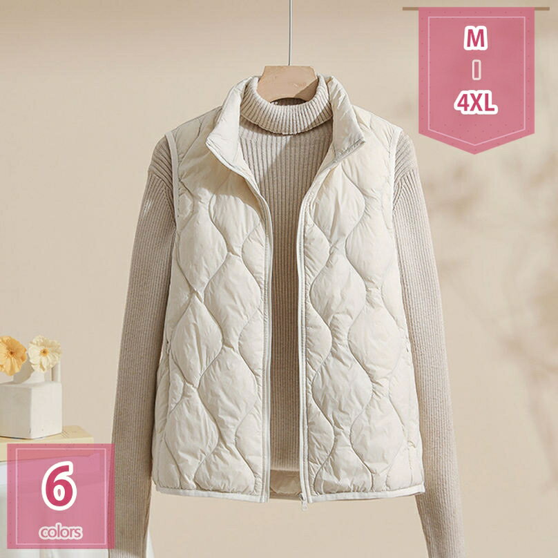 ダウンベスト トップス レディース 秋冬 アウター 立ち襟 インナーダウンコート 秋 冬 春 ライトダウン ダウンジャケット ノーカラーラウンドネック Vネック 軽量 防寒 防風 暖かい 薄手 着痩せ ゆったり 通勤 通学 holosbird-goods1