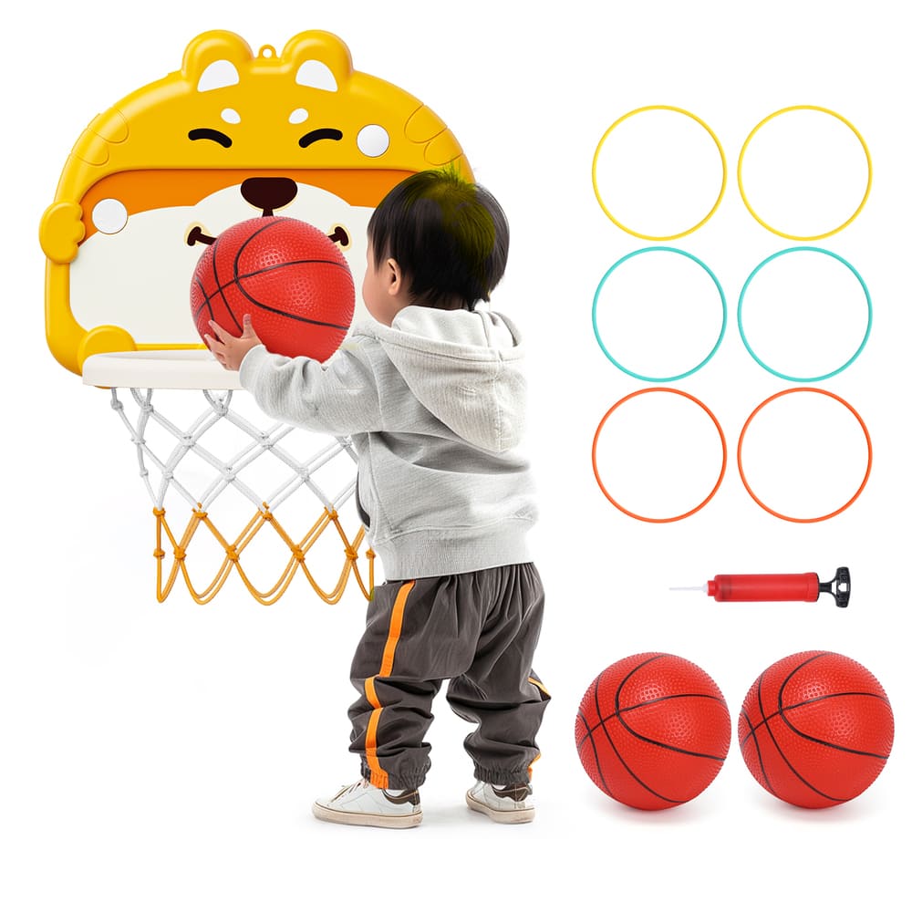 バスケットゴール 壁掛け Skirfy 子供のおもちゃ 2in1遊び方 ドア掛け バスケットボール おもちゃ 輪投げゲーム ボール2個 六つの輪 粘着フック 吸盤付き 室内 屋外兼用 多場面使用 折り畳み式 収納便利 クリスマス 誕生日プレゼント ボード