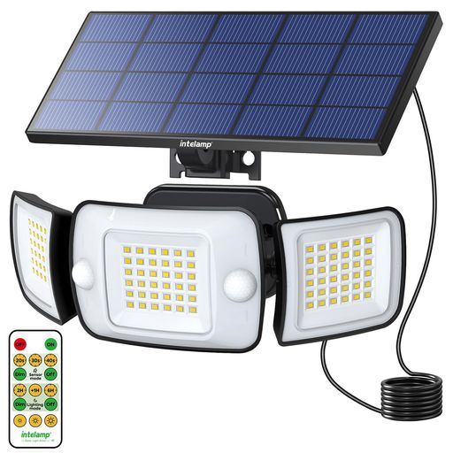 【ジャイアント広角照明:intelamp 超高輝度ソーラーライト(108個の高輝度LED・最大1200ルーメン)】 LEDフラップを広げることで、最大270度の照射角を実現。広範囲をしっかりと照らし、約70平方メートルのエリアをカバー。足元や細部までしっかり見える安心の明るさを提供します。 【2つの高感度PIRセンサー搭載・4つの点灯モード】 デュアルセンサー設計により、通常のセンサーライトよりも広範囲の動きをしっかり検知。最大180度の広角感知で、横からの接近でも確実に点灯。検知距離は約10〜16m。用途に応じて選べる4種類の点灯モード付きで、さまざまなシーンに対応します。 【リモコン操作で簡単設定】 付属のリモコンを使えば、明るさの持続時間(20秒/30秒/40秒)を簡単に調整可能。従来の「30秒のみ」のモデルと違い、使用環境に応じて柔軟に設定できます。暗い中でも安心してご利用いただけます。 【高効率ソーラーパネル&amp;大容量バッテリー】 22%の高変換率を誇るシリコンソーラーパネルと、6000mAhの大容量リン酸鉄リチウム電池を搭載。日照時間に応じて一晩中しっかり点灯可能。