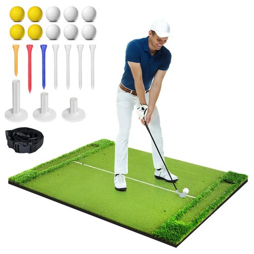 【大型ゴルフ練習マット】150x120cm快適な広さ、大人の男性でも余裕でスタンス&amp;ショットが可能です。 【革新な2WAY設計】ショット区に六つティー穴付き、右利きでも、左利きでも適用します。二つ置球区付き各、40個ゴルフボールが置けることができます。 【厳選された素材】高品質PP人工芝(置球区厚さ約:35mm、ショット区厚さ約:11mm)とEVAフォーム土台(厚さ約10mm)を採用しており、踏んだ時のゴルフ場のリアルな芝感覚を実現した。丈夫で変形しにくい、上品な質感を持ちながら耐久性にも優れ、長持ちしてご利用頂けます。他社と比べて、压倒的な優勢があります! 【収納便利】収納ベルト付き、使わない時は丸めて持ち運びや収納に便利です。自宅、オフィス、ガーデン、公園、練習場など快適にゴルフを練習できます。 【付属品が豊富】10xゴルフPUボール、3xゴムティー、3xプラスチックゴルフティー、4xホワイトゴルフティー、1x収納ベルトが付属します。7種類の高さで練習することができます。