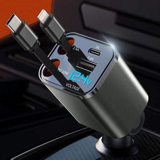 htrahy【小型&新登場】車充電器巻き取り式カーチャージャー急速充電タイプC/USB/ライトニングポート4台同時使用LED電圧表示iphone/iPad/AQUOS/Xperia対応DC12/24V車対応