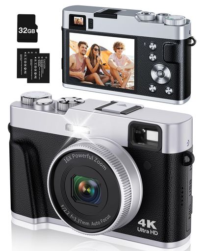 Lecran4Kデジカメデジタルカメラオートフォーカス4800万画素手振れ補正16倍ズームモードダイヤルフラッシュ付きファインダーvlogカメラ軽量初心者向け修学旅行携帯便利32gメモリカード