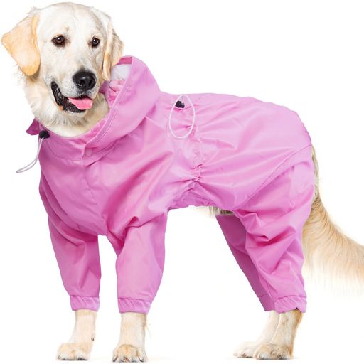 Kuoser犬服犬用レインコート着脱式帽子付き雨対策ファスナー付きドローストリング調節反射テープ付きドッグ雨具防水素材防風通気性アウトウエアピンクM