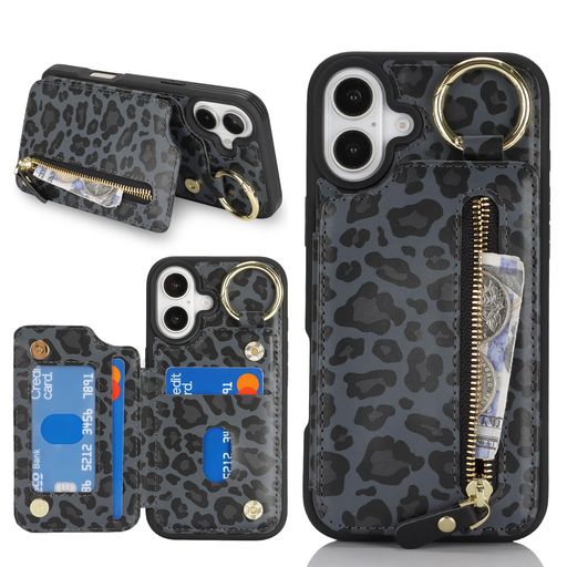 Havaya対応iPhone16ケースあいふおん16ケースカード収納米軍MIL規格リング付きキーホルダーキーリング耐衝撃スタンド機能財布フェイクレザー-ブラックヒョウ柄