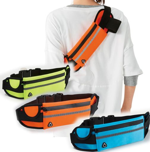 ウォーキングポーチ多収納スリム斜めがけ小さいコンパクト軽量ウェストポーチ安全反射テープ3色セット