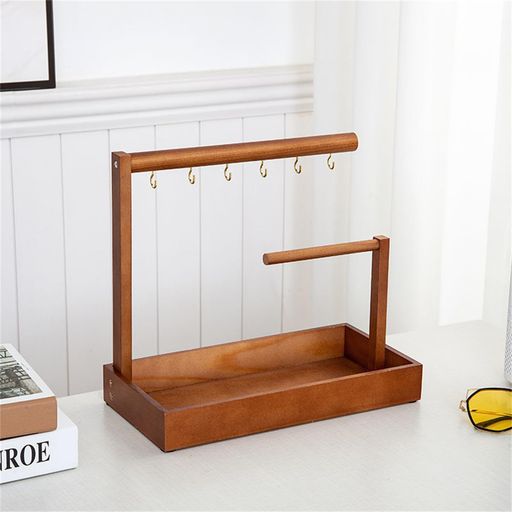 木製アクセサリーディスプレイスタンド-ジュエリー/ブレスレット/ネックレス収納に玄関・卓上マルチトレイ(キーフック付き)(ウォールナットカラー)(3)