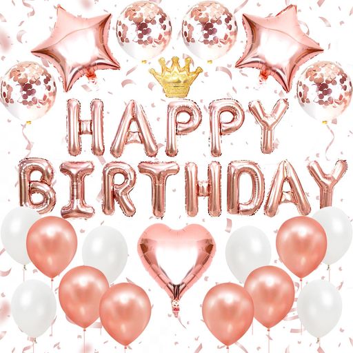Iysoll誕生日バルーンバースデー飾り付けローズゴールド風船HAPPYBIRTHDAYガーランドハート紙吹雪風船両面テープリボン付き(3)