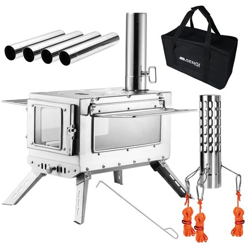SENQI薪ストーブキャンプテントコンロステンレス折りたたみ式煙突・耐熱ガラス窓・グリッド棚搭載携帯便利ウード暖炉焚き火台テント調理キャンプヒーターアウトドア収納袋付き