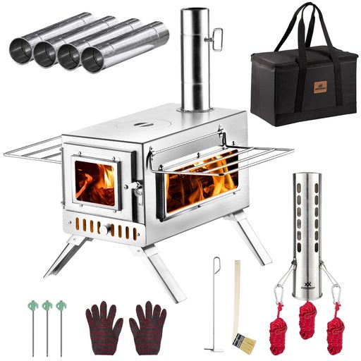 薪ストーブAVOFOREST折り畳み式キャンプ用ストーブステンレス製2面の耐熱ガラスグリッド棚煙突スパークアレスター付きコンパクト収納収納袋付きテント調理バーベキューBBQ焚き火暖炉キ…